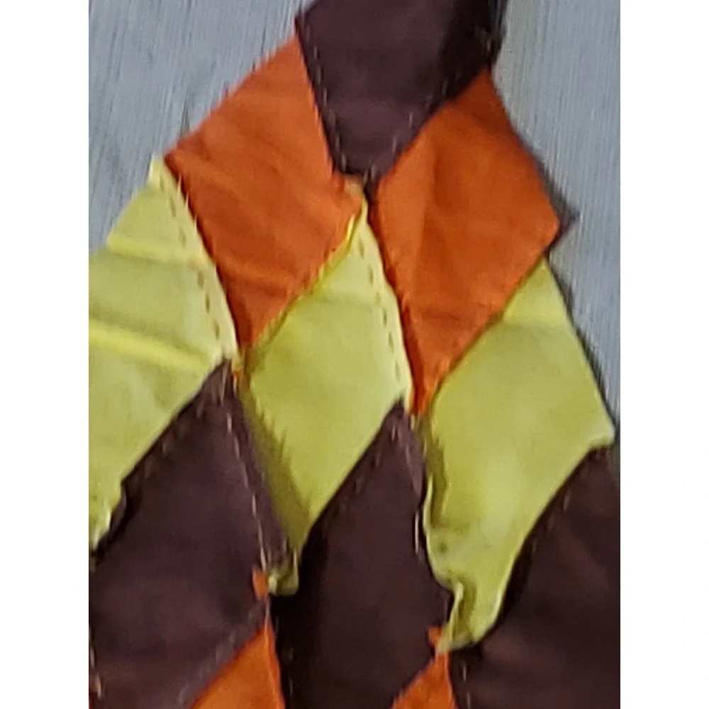 Vntg. Harlequin Diamond Patchwork Quilt Blocks Hand Stitched Orange Brown Yellow